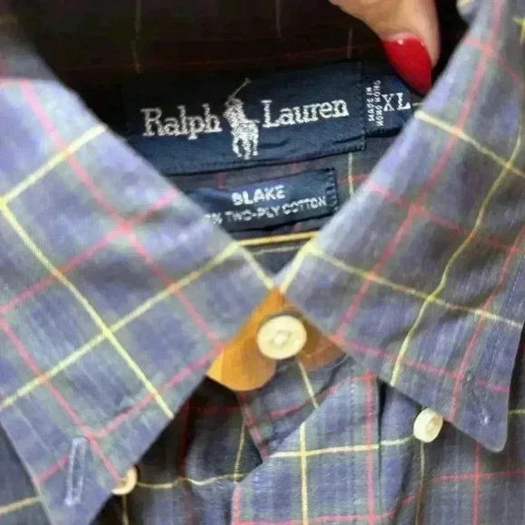 VTG Ralph Lauren Blake Navy Plaid W/ Blue Pony 2 Ply Cotton Button down Size XL - Picture 3 of 8
